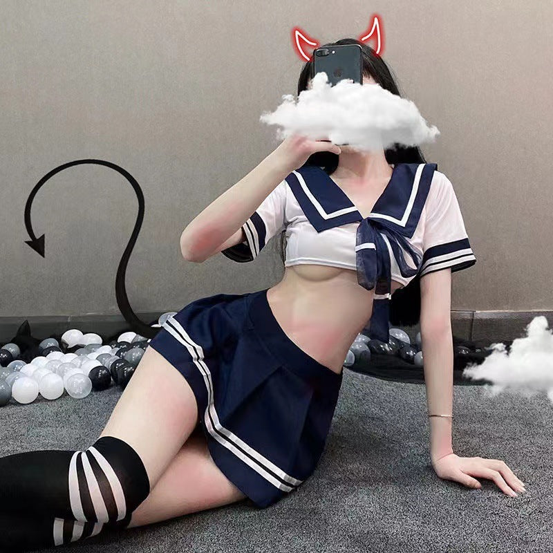 Image of Lingerie for Women Sexy Schoolgirl Costume Outfit Lingerie Set Cosplay Roleplay Naughty with Crop Top and Mini Skirt